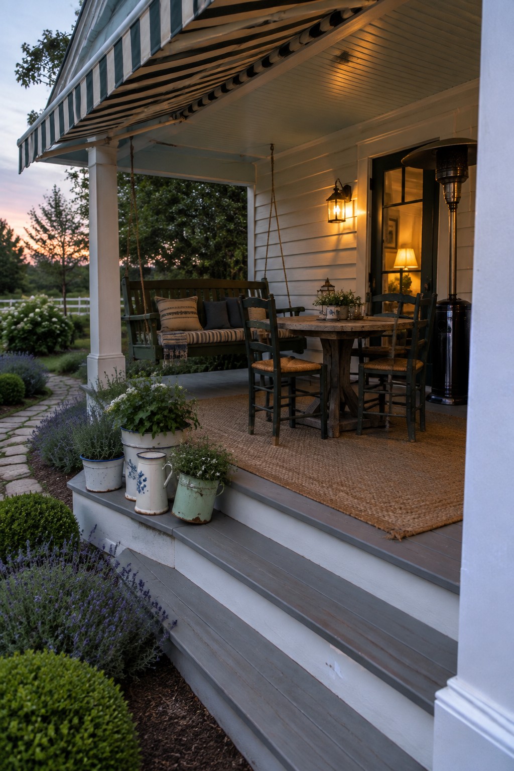 Cozy porch at dusk with wooden table, chairs, hanging swing, and potted plants