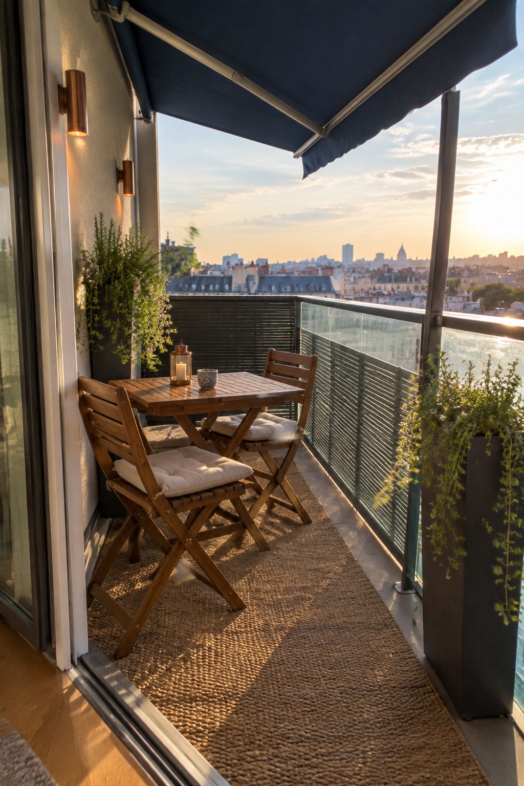 A balcony with a wooden table and two chairs, white cushions, potted plants, and a blue retractable awning overlooking a city skyline at sunset.