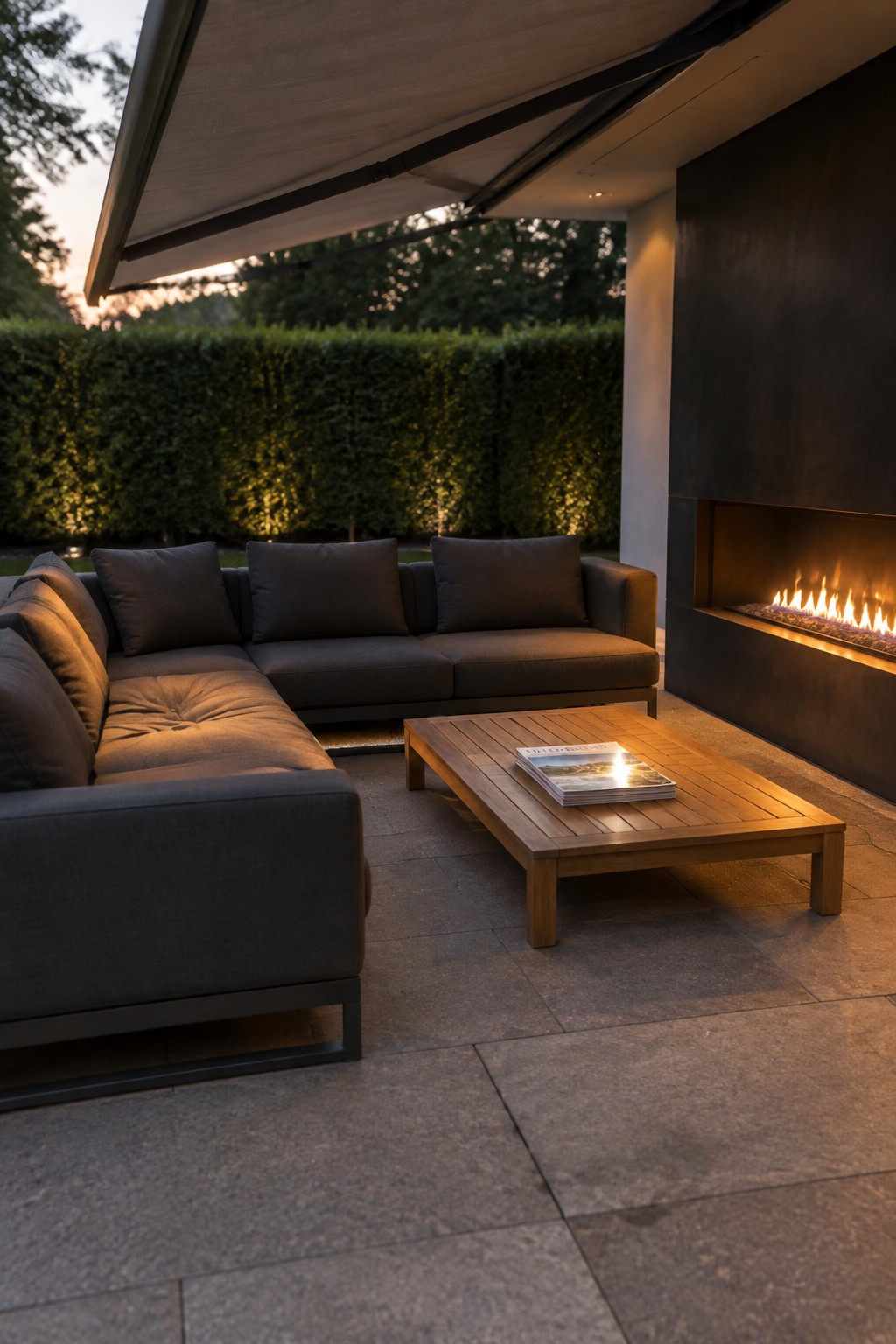 An outdoor patio with a dark gray sectional sofa and wooden coffee table beneath an extended retractable awning, next to a modern built-in fireplace.