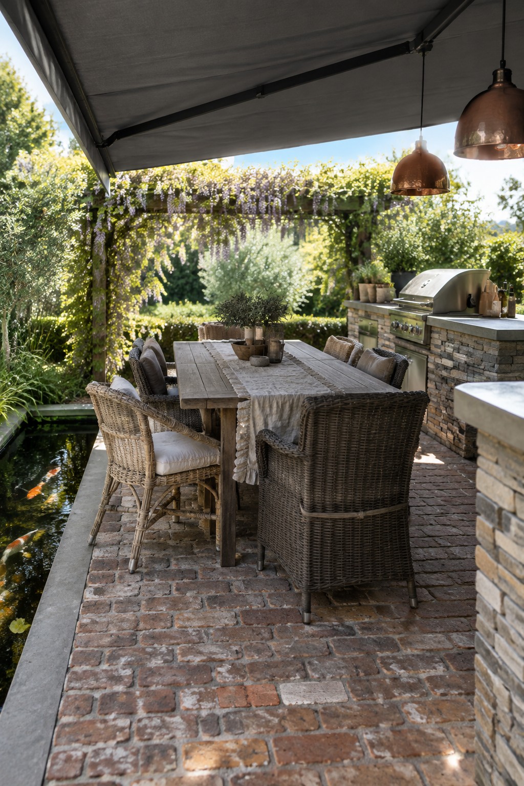 An outdoor patio dining area with a long wooden table, wicker chairs, and a large dark retractable awning overhead, beside a stone outdoor kitchen and a koi pond.