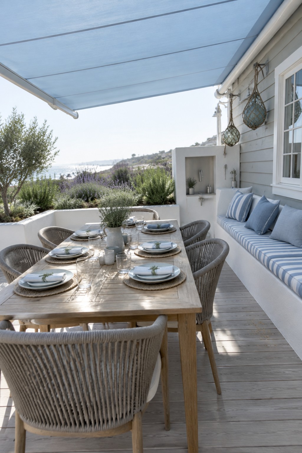 A wooden outdoor dining table set with plates and glasses beneath a blue retractable awning on a light wood deck with woven chairs and a built-in bench.