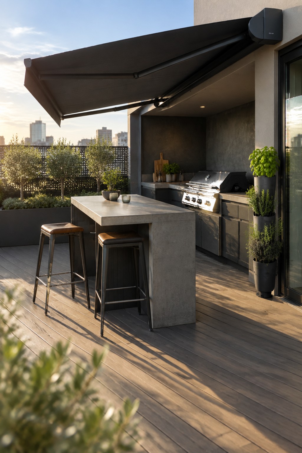 Rooftop patio with a large black retractable awning extended over a concrete outdoor kitchen island, two bar stools, and a stainless steel grill.