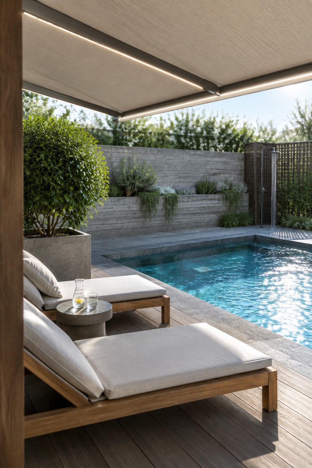 A patio with two wooden lounge chairs under a beige retractable awning next to a swimming pool, with an outdoor shower visible in the background.