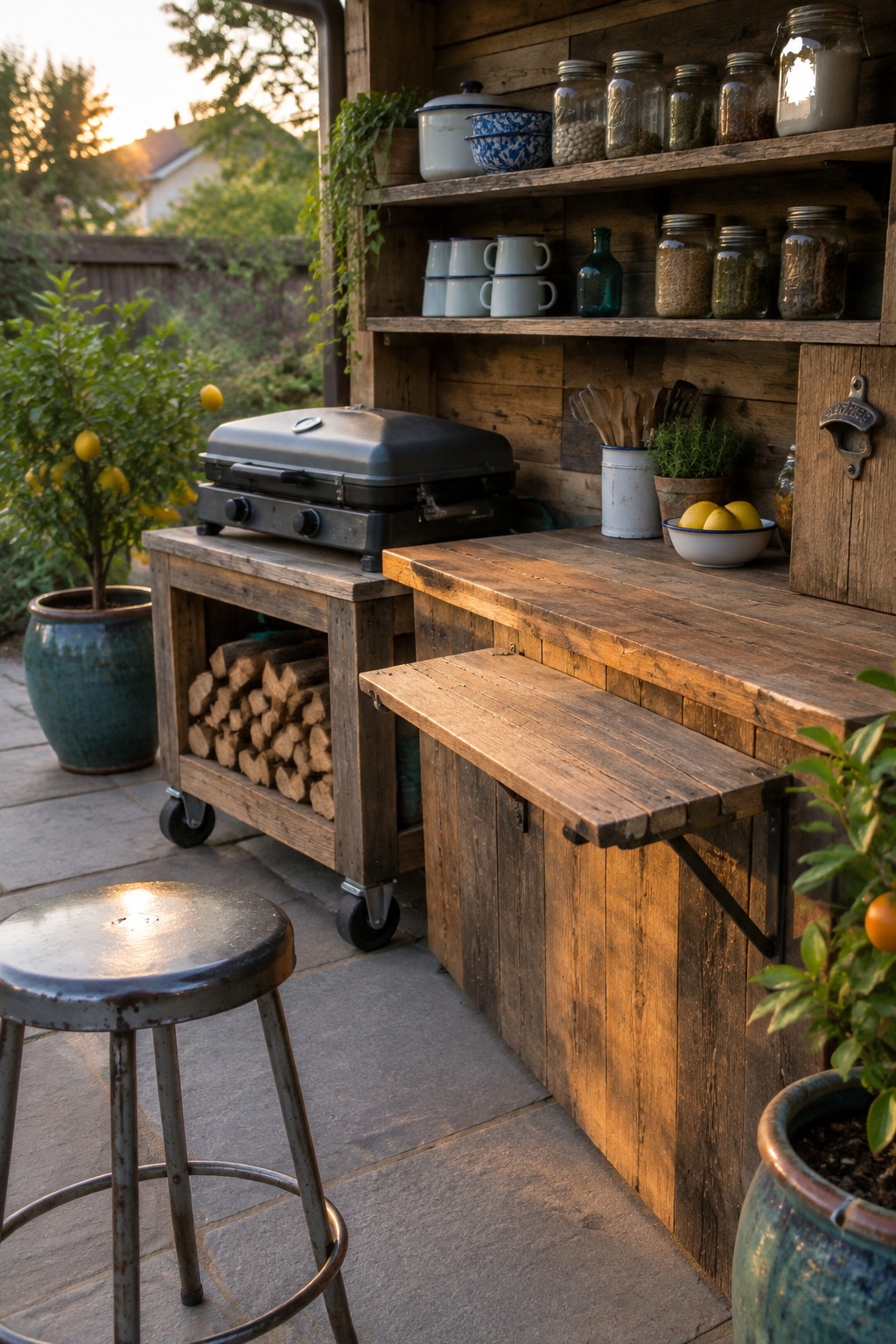 A rustic reclaimed wood outdoor bar with open shelving above, a fold-down counter extension, and a rolling cart holding a grill and stacked firewood beside a metal stool.