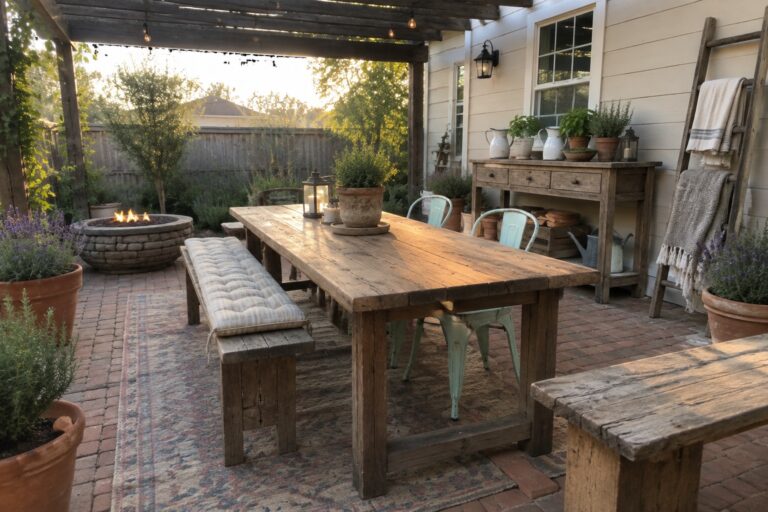 23 Rustic Back Patio Ideas on a Budget Featuring Reclaimed Wood Furniture A long reclaimed wood dining table with benches and metal chairs sits on a patterned rug on a brick patio under a wooden pergola with string lights, surrounded by potted plants and a stone fire pit.