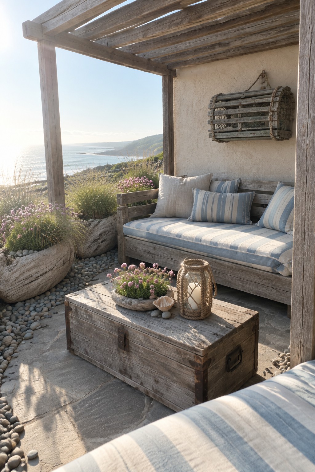 A weathered wooden bench with blue striped cushions sits under a rough timber pergola on a stone patio, with a wooden chest used as a table in front and the ocean visible beyond.