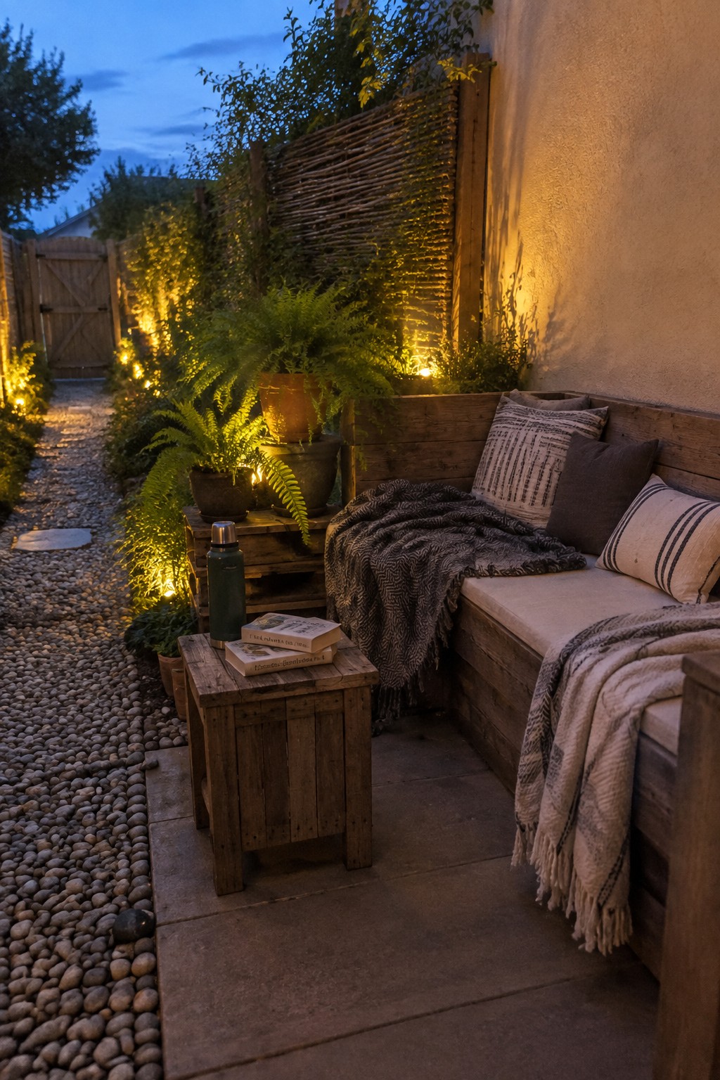 A wooden bench with cushions and blankets sits on a stone patio beside reclaimed wood crate tables, with potted ferns and pathway lighting visible in the background.