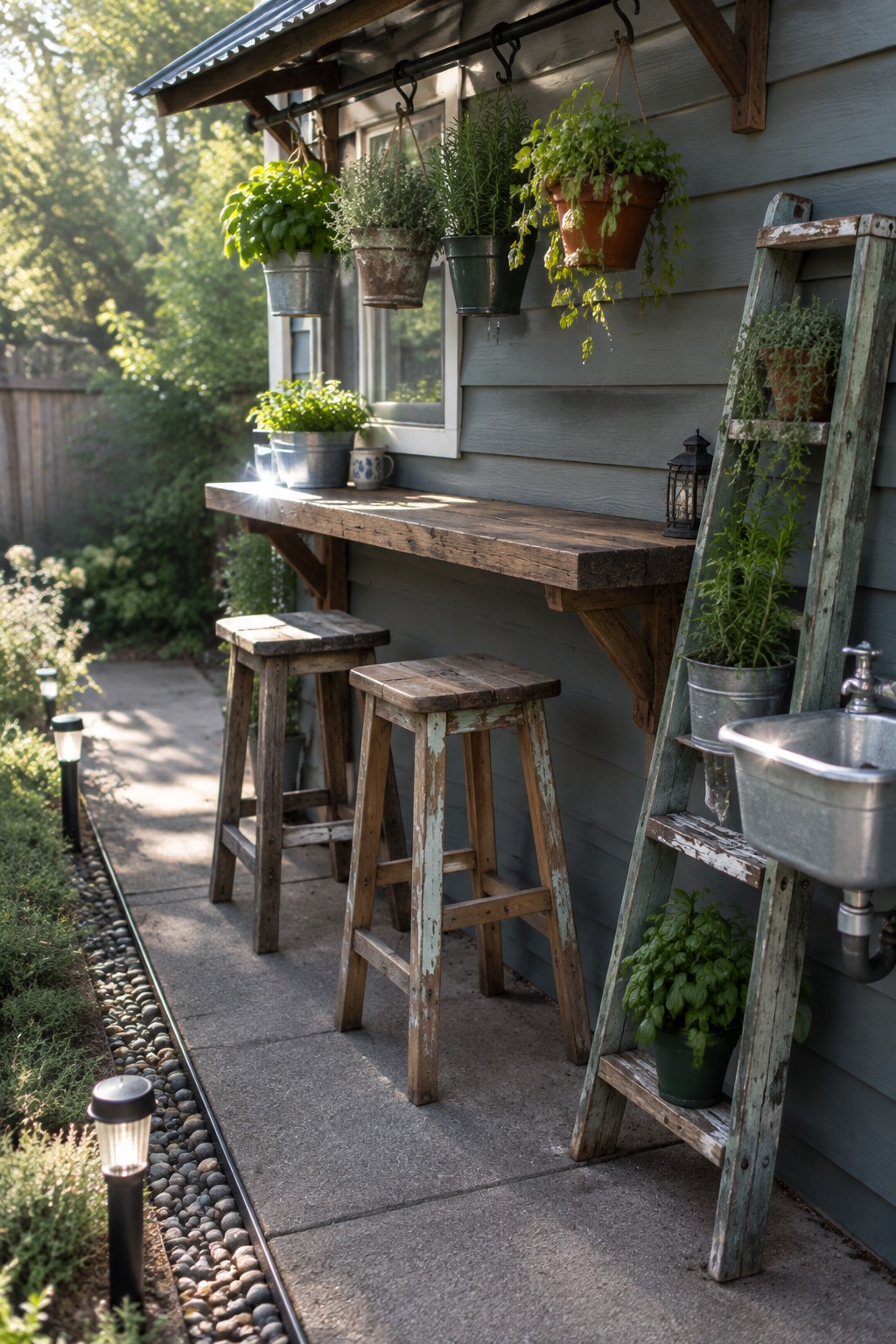 A long reclaimed wood counter mounted on a gray house wall with two wooden stools underneath, hanging metal pots with plants, a green ladder holding a sink and more pots.