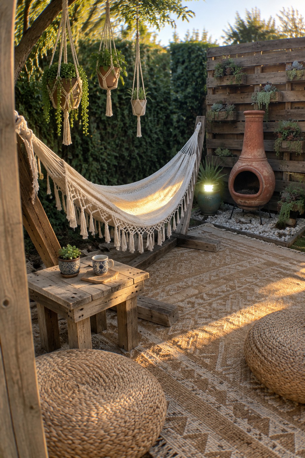 Boho patio with fringed hammock, macrame plants, woven poufs, and clay chiminea