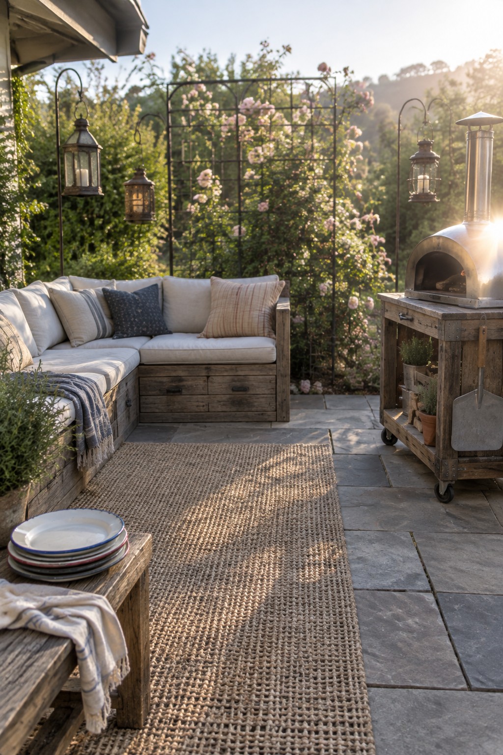 A rustic back patio with a reclaimed wood sectional sofa, woven rug on stone pavers, hanging lanterns, and a mobile wood-fired oven cart.