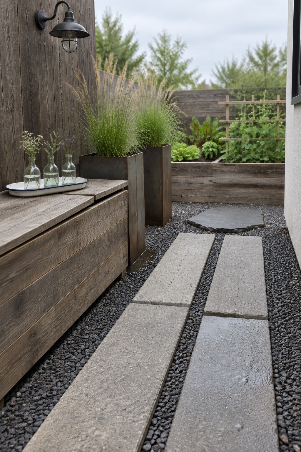 A rustic back patio with a long reclaimed wood storage bench against a wooden wall, metal planters with grasses, concrete pavers on gravel, and raised garden beds in the background.