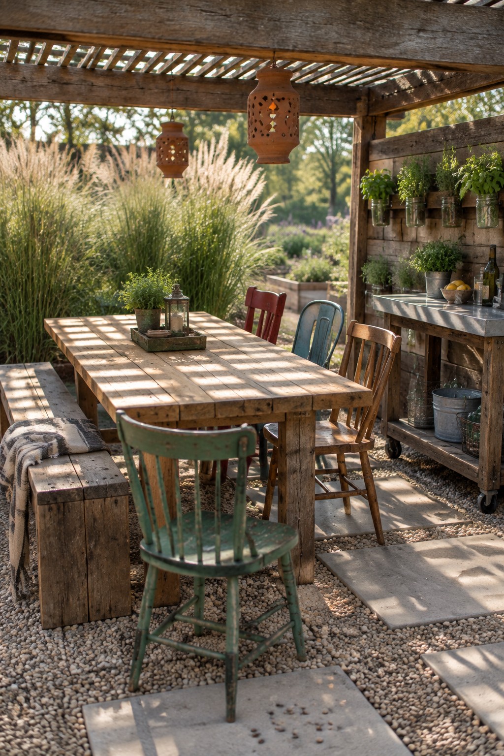A rustic wooden dining table with mismatched chairs sits under a pergola on a gravel patio, surrounded by potted herbs and hanging lanterns.