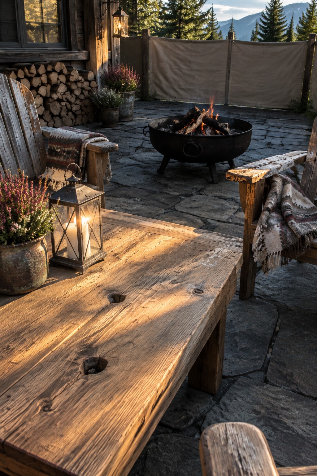 A rustic patio scene shows a large reclaimed wood table in the foreground with a lit lantern on it, wooden chairs with blankets nearby, a fire pit burning in the middle distance, and stacked firewood beside a cabin wall.