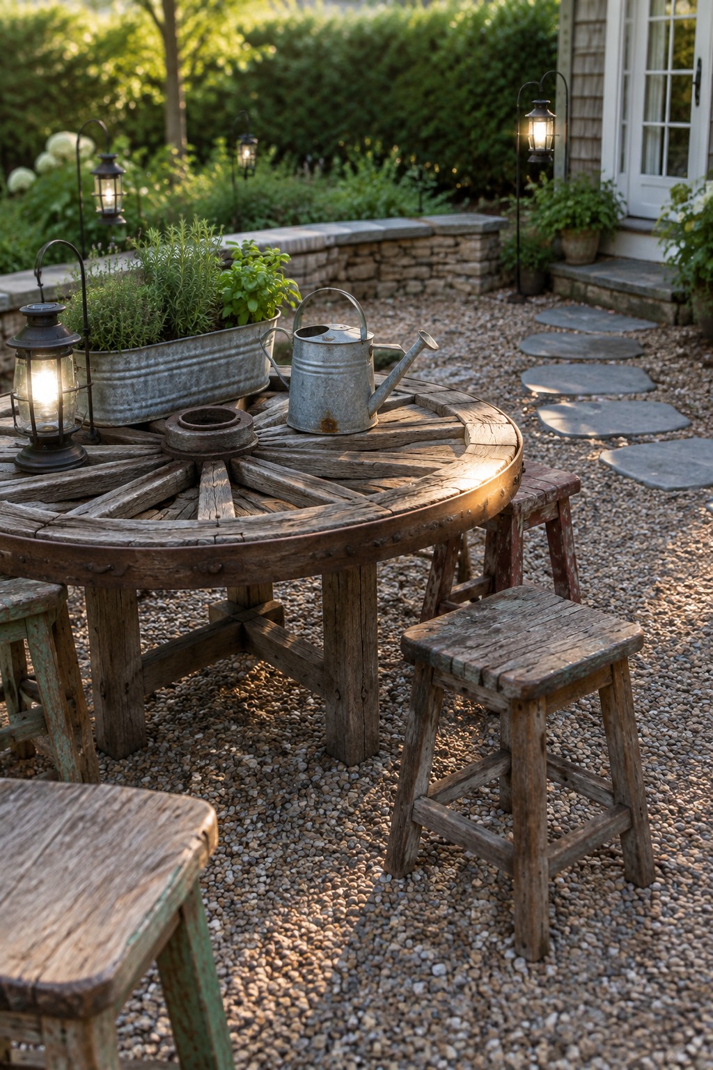A large reclaimed wooden wagon wheel table with rustic stools sits on a gravel patio beside a stone wall, with metal lanterns, a watering can, and potted herbs arranged on top.