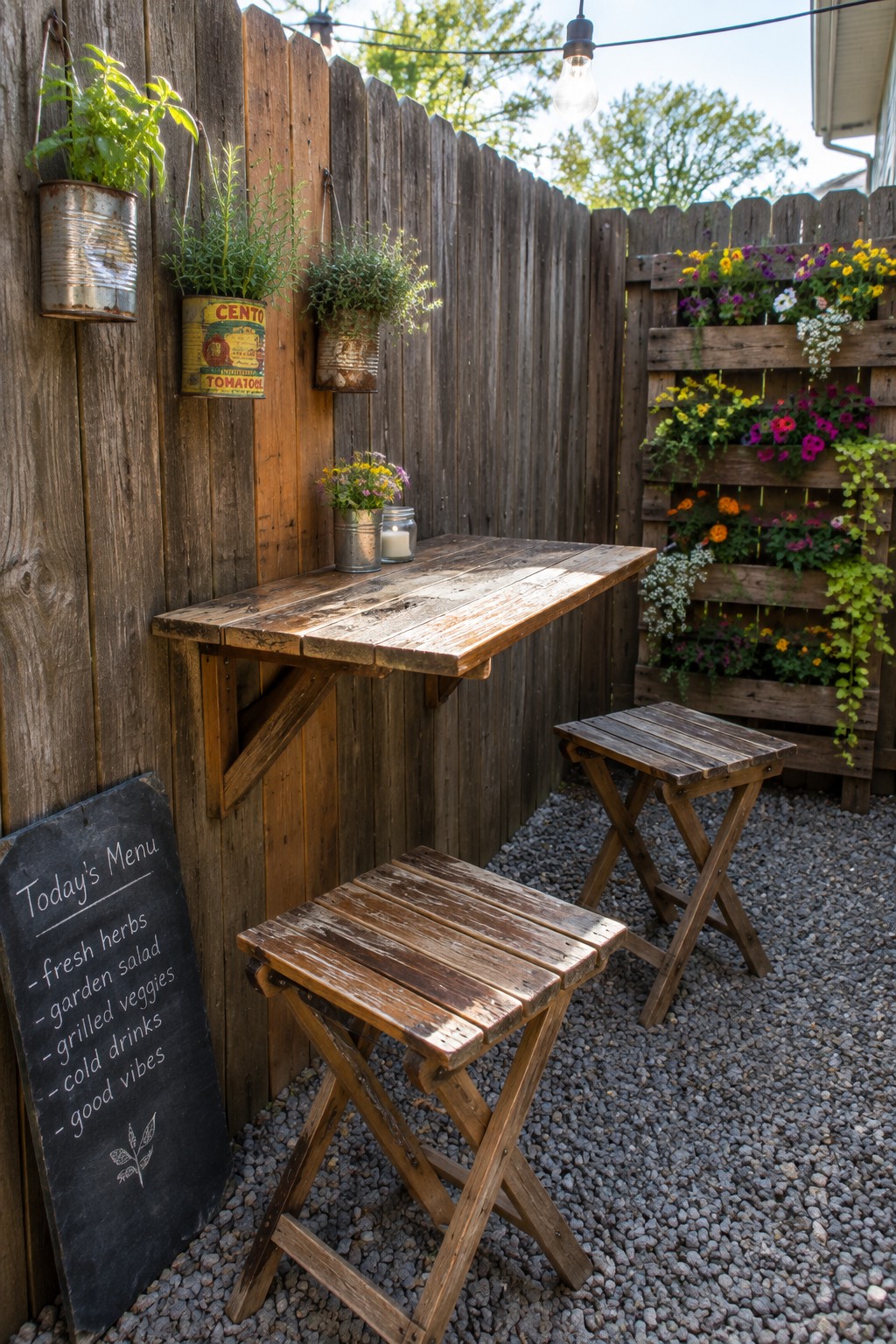 A reclaimed wood fold-down table with two matching stools is mounted against a wooden fence on a gravel patio, surrounded by potted plants and a chalkboard sign.
