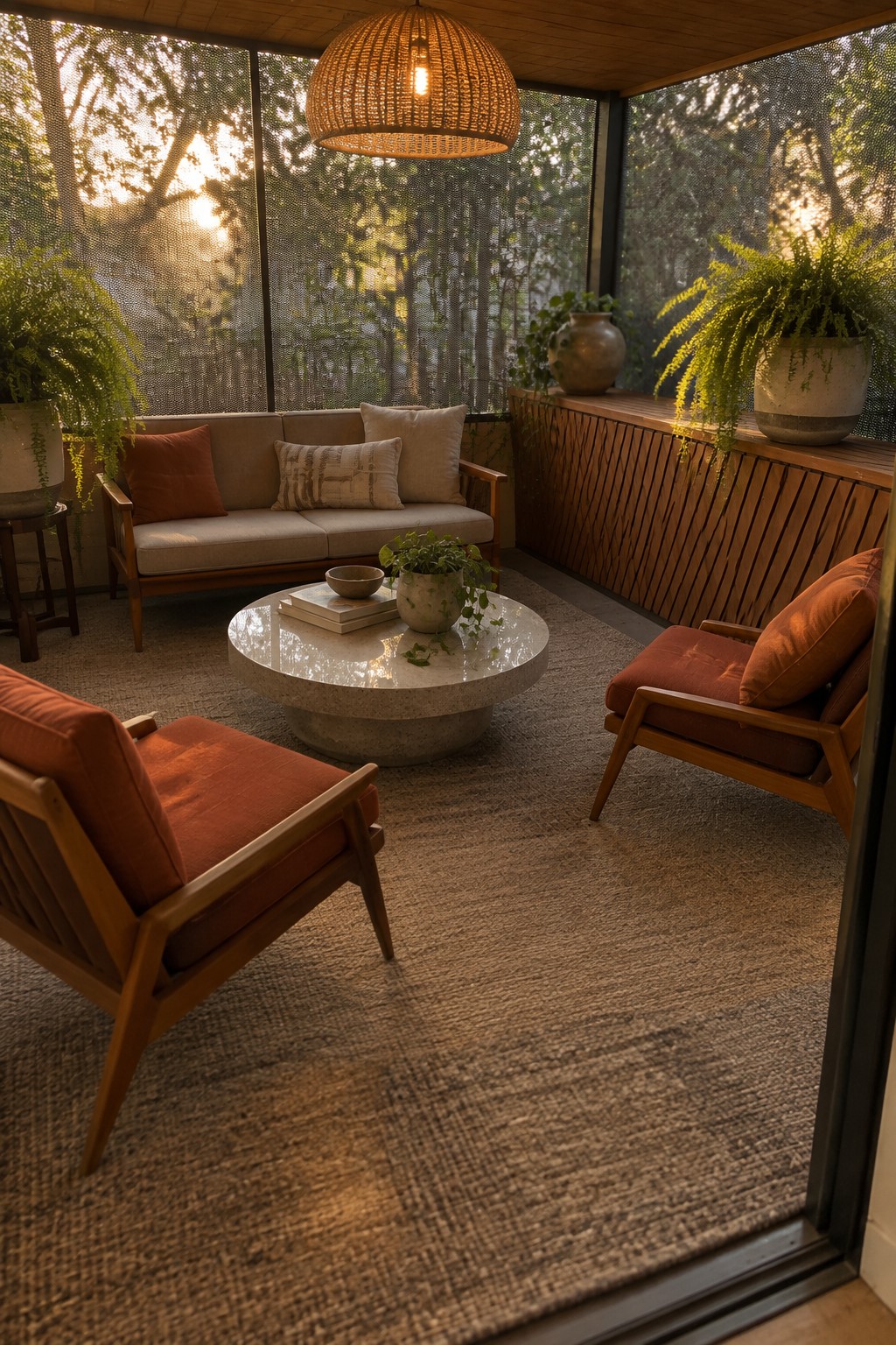 A screened porch with a beige sofa, two rust-colored armchairs, a round concrete coffee table, and potted plants arranged on a woven rug.