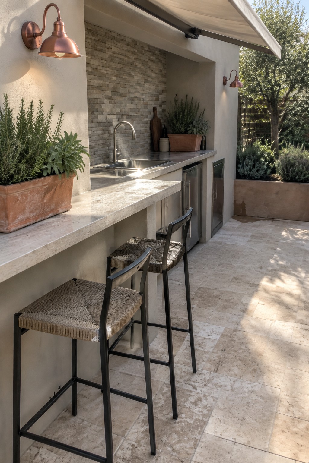 Outdoor patio with a long stone counter, built-in sink, stainless steel appliances, and two black bar stools with woven seats.