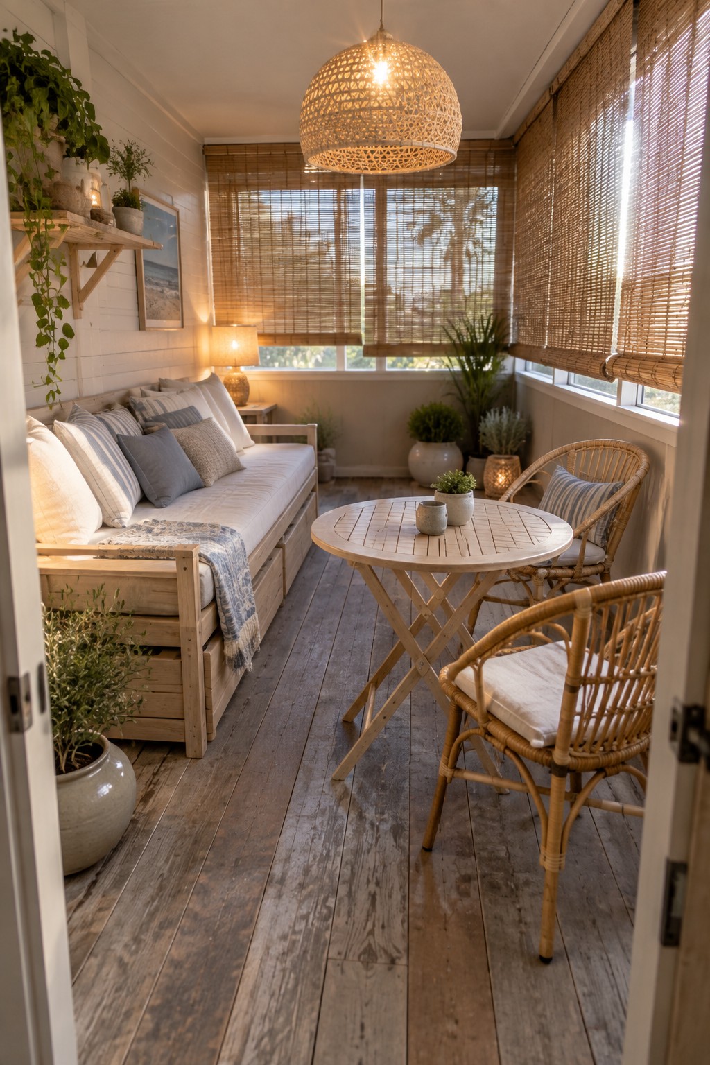 Cozy sunroom with daybed, wicker chairs, round table, bamboo blinds, and woven pendant light.