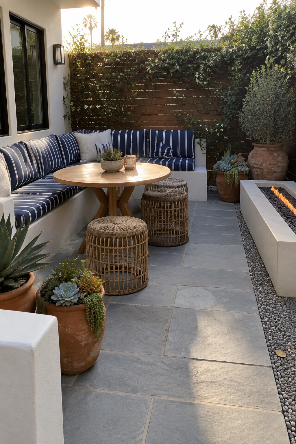 A narrow patio with built-in bench seating along the left wall, blue striped cushions, a round wooden table, woven stools, potted plants, and a long concrete fire pit on the right.