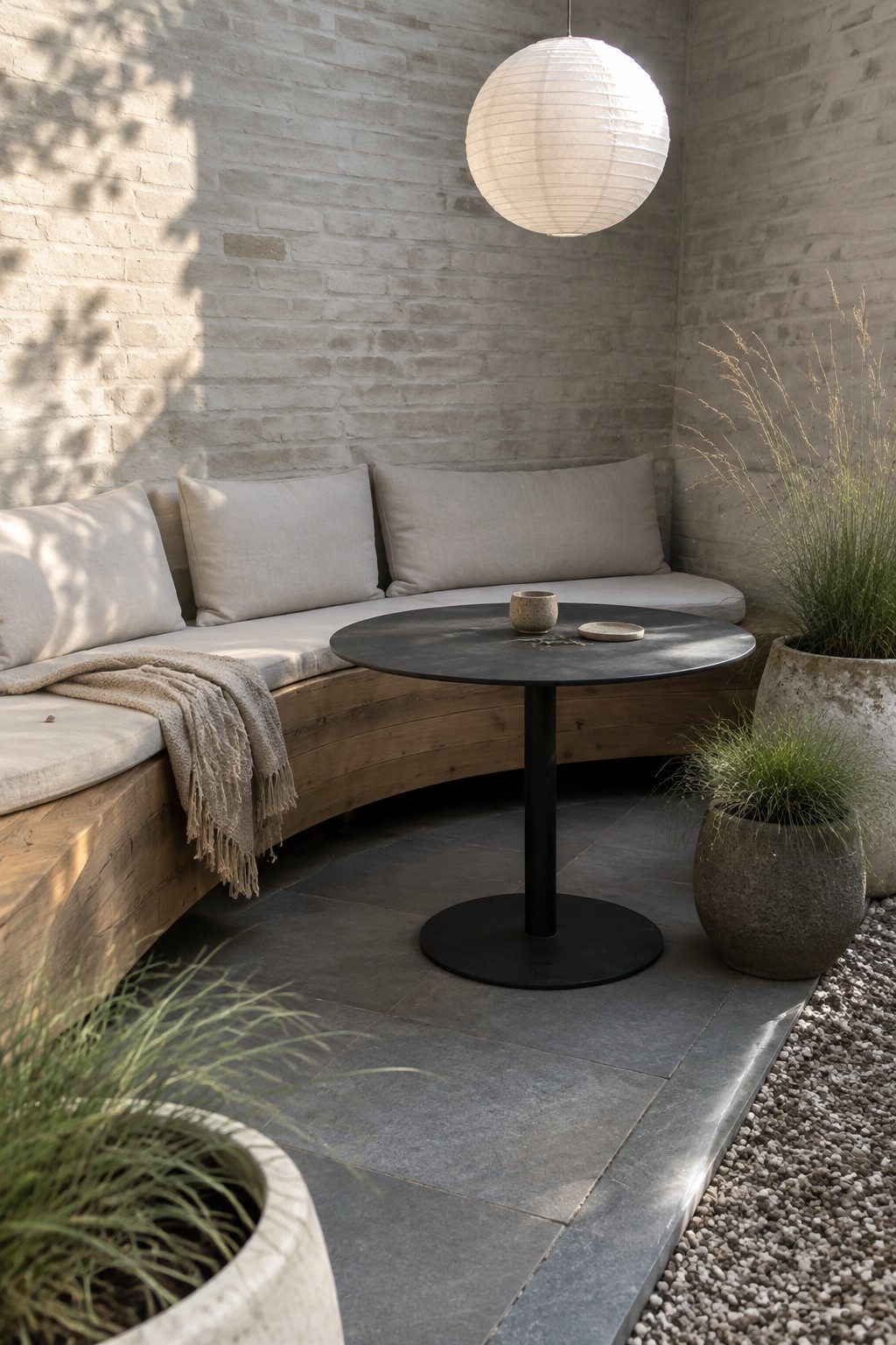 A small outdoor patio corner with a curved wooden bench along brick walls, a round black table in the center, and several potted plants.