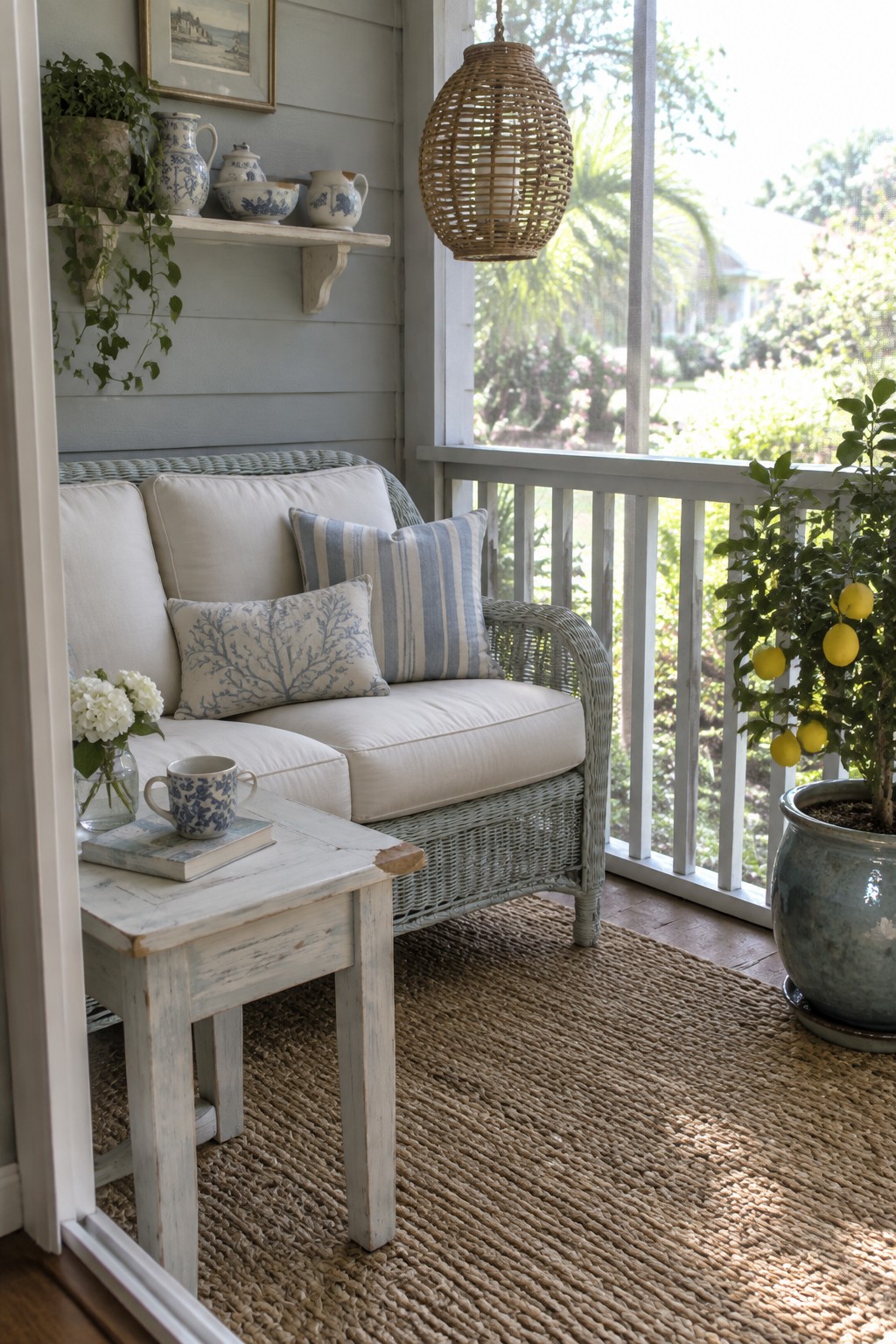 A wicker sofa with white cushions and striped pillows sits on a large woven rug on a porch beside a wooden side table and a potted citrus tree.