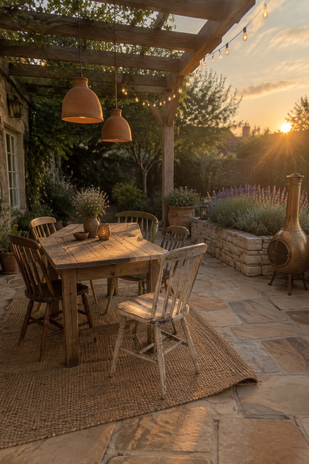 A wooden pergola shades a rustic dining table with mismatched chairs on a stone patio, with hanging terracotta lights, string lights, and a chiminea nearby.