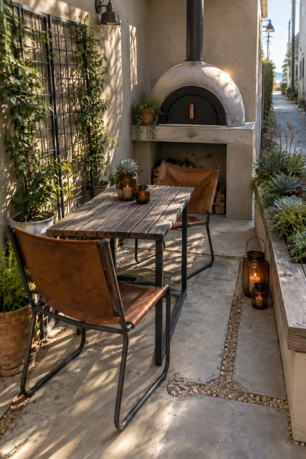A narrow concrete patio with a wooden dining table, two brown leather chairs, a built-in pizza oven on the back wall, potted plants on a trellis, and glass lanterns with lit candles.
