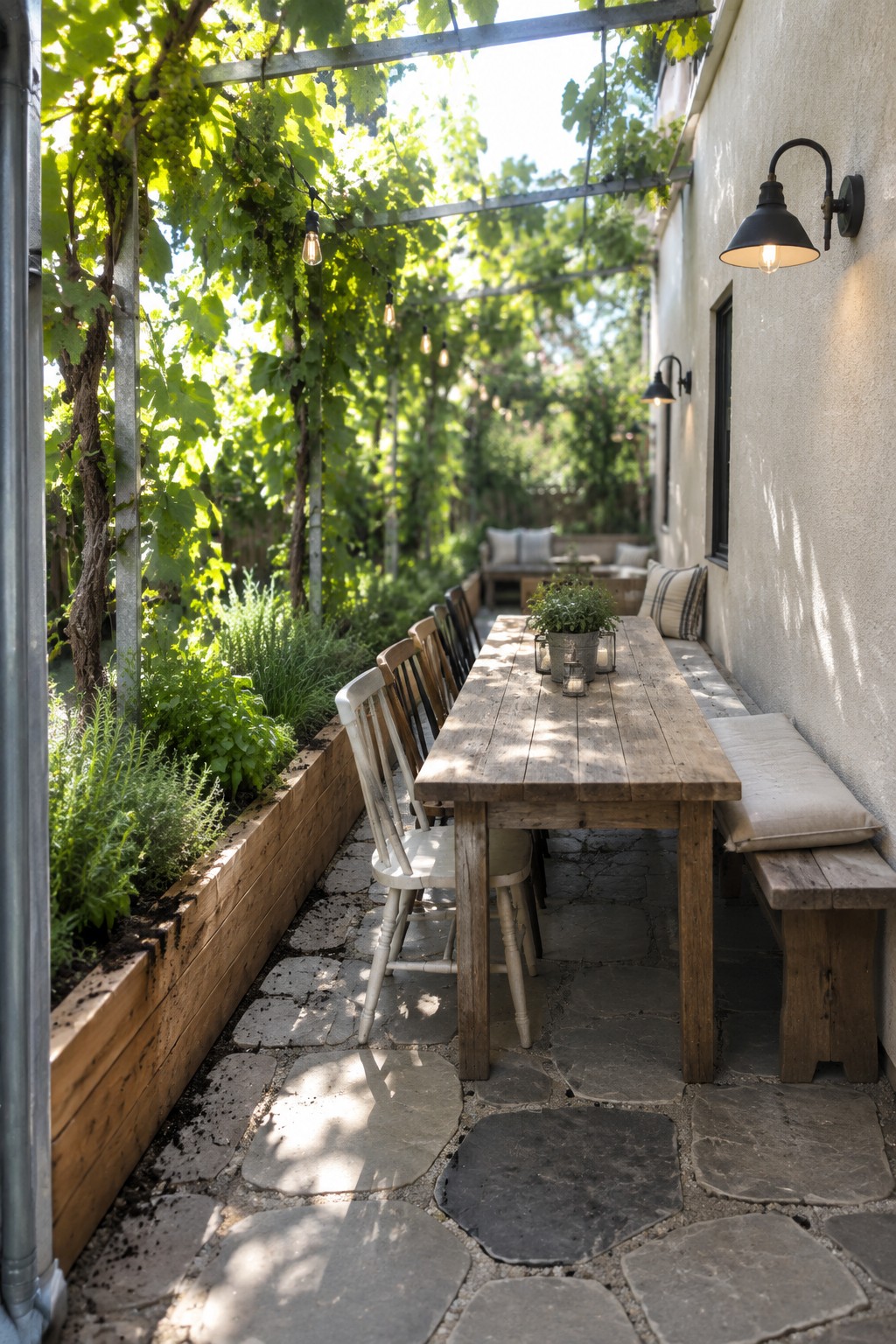 A long wooden dining table on a stone patio with wooden chairs on one side and a cushioned bench against the stucco wall on the other, under a vine-covered pergola with string lights and raised garden beds to the left.
