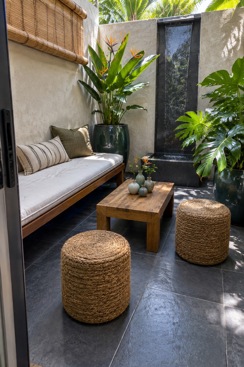 A small outdoor patio with a wooden bench along a stucco wall, a low wooden coffee table, two round woven poufs, large potted plants, and a vertical water feature on dark tile flooring.