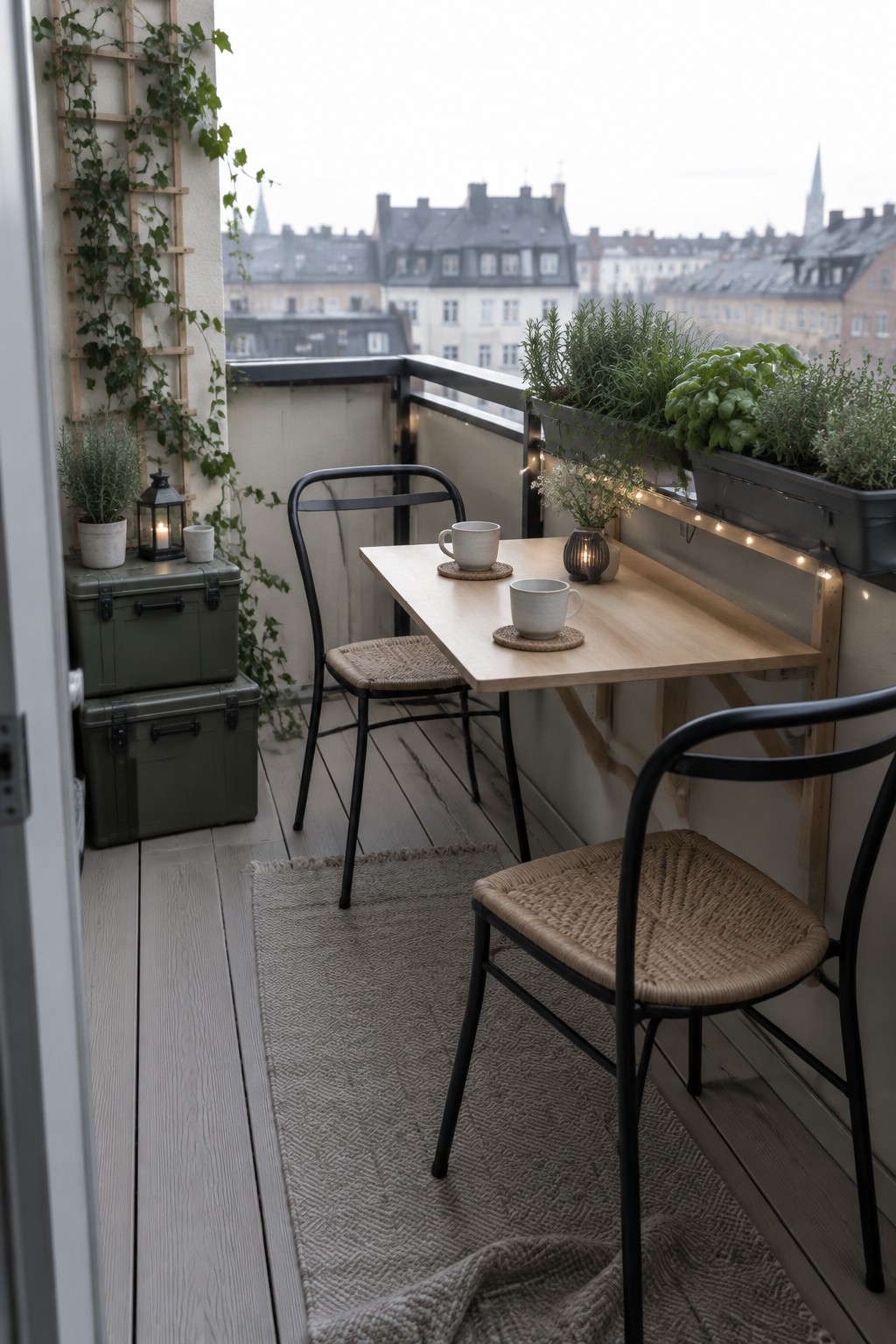 A narrow wooden table placed against the wall on a small balcony, with two black metal chairs featuring woven seats, a gray woven rug on the floor, potted plants on the left and right, and string lights along the planter.