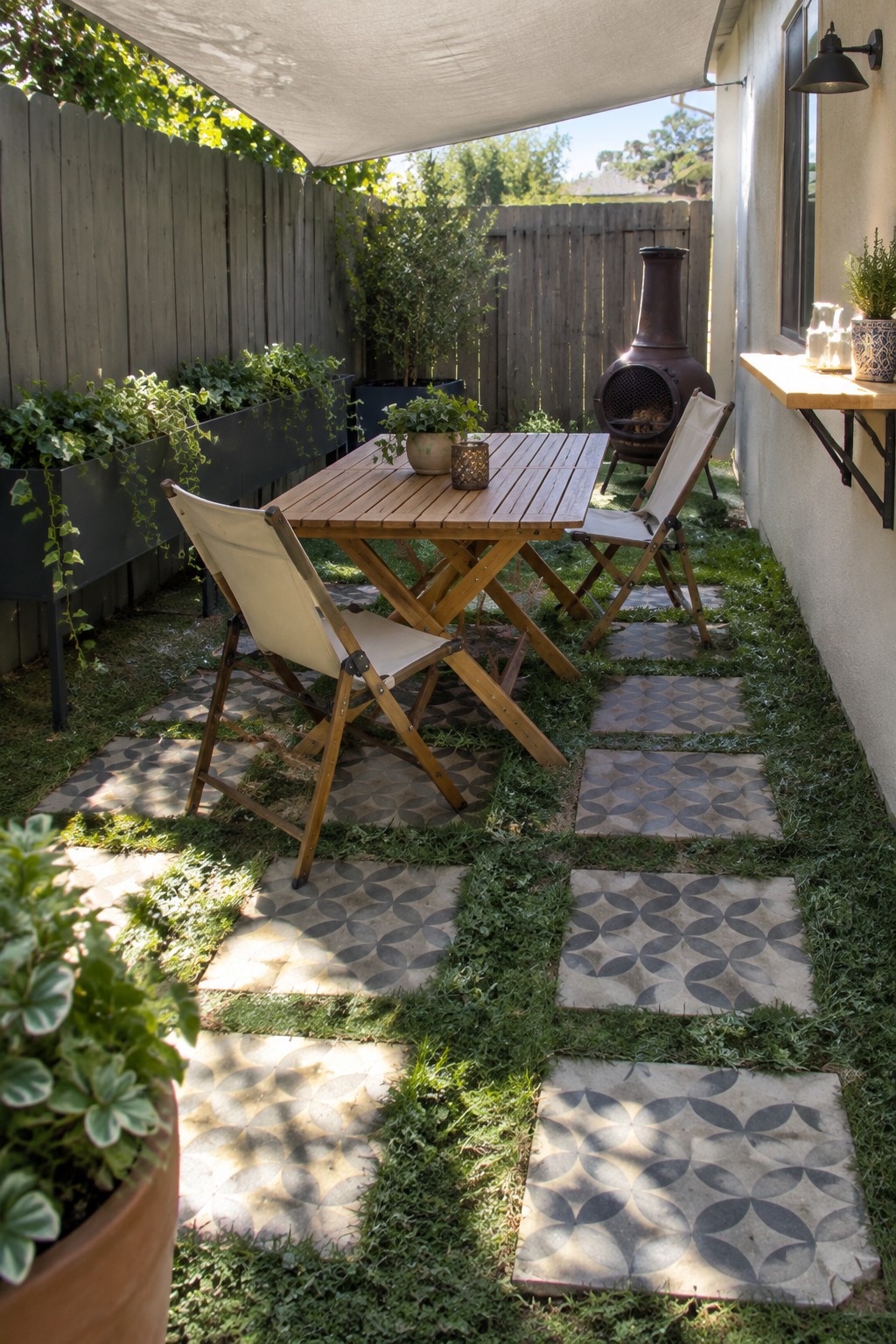 A wooden dining table with two folding canvas chairs sits on square patterned pavers set into grass in a small fenced patio area with plants along the edges.