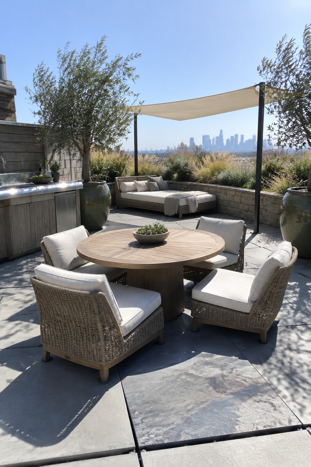 Rooftop patio with round wood table, woven chairs, daybed under shade sail, city skyline