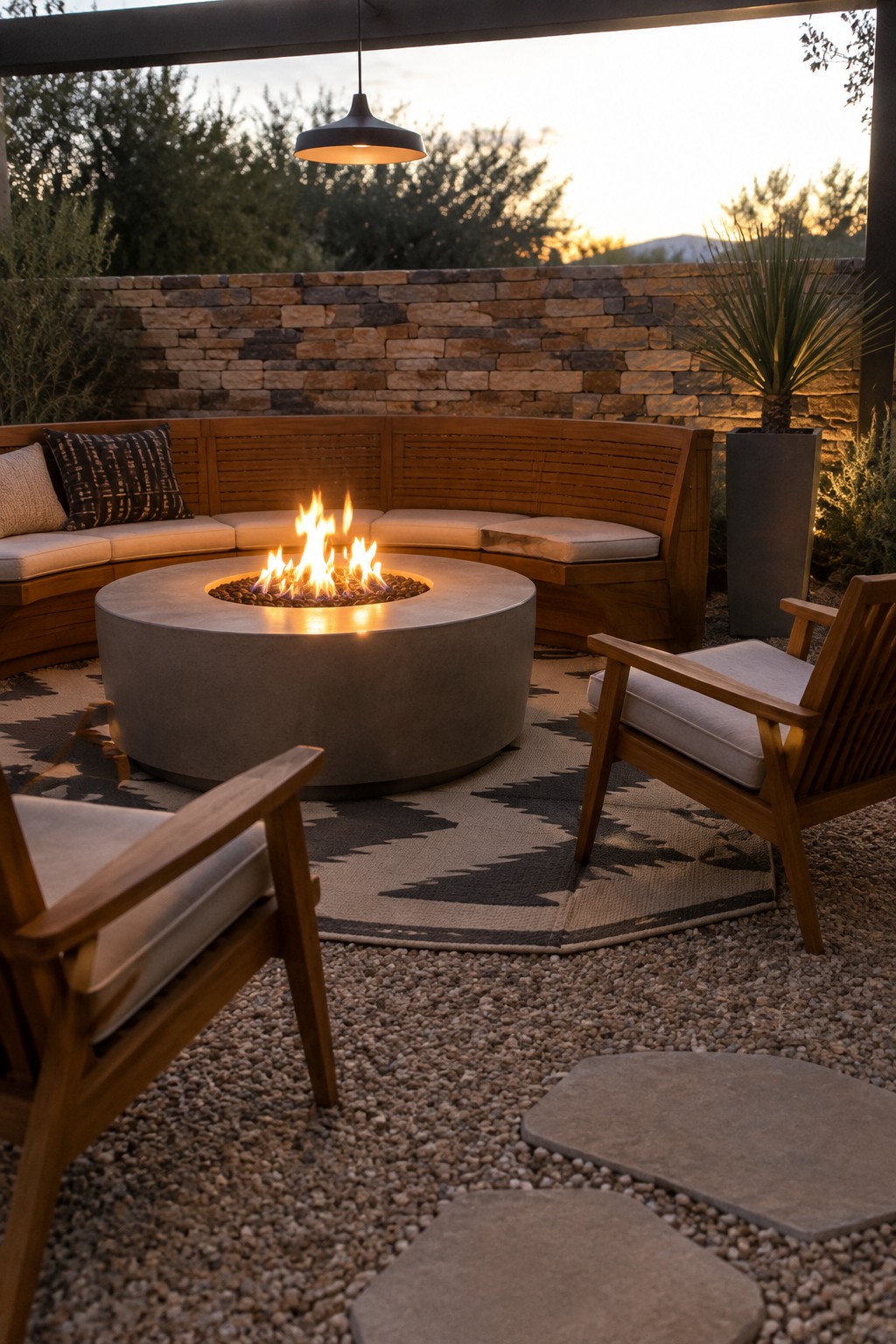 A round concrete fire pit with flames is centered on a patterned rug, surrounded by a curved wooden bench and two wooden armchairs on a gravel patio.