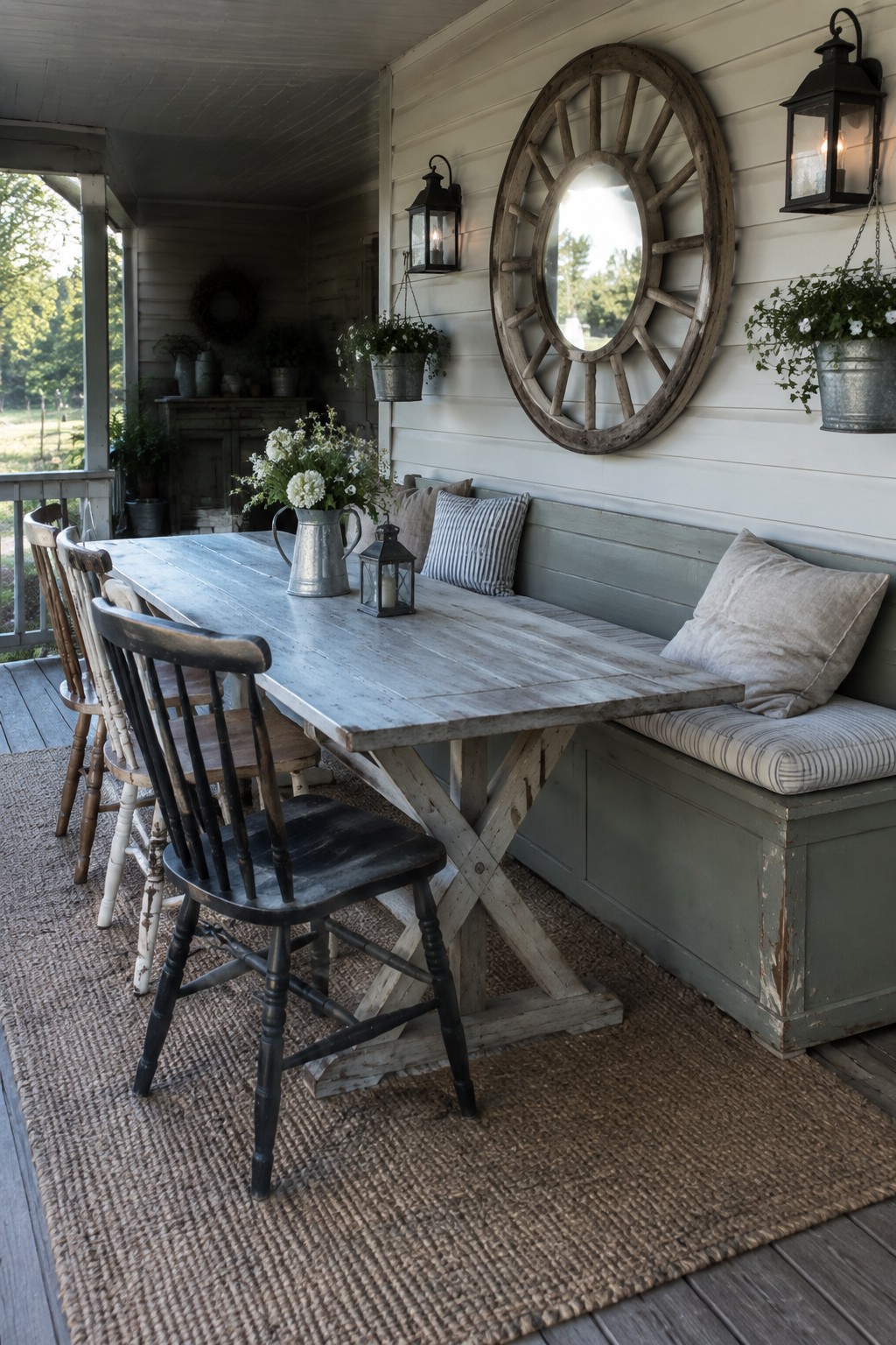A rustic wooden table with X-legs sits on a woven rug on a white porch, flanked by mismatched wooden chairs and a built-in sage green bench with striped cushions, with a large round wooden wheel mirror on the wall.