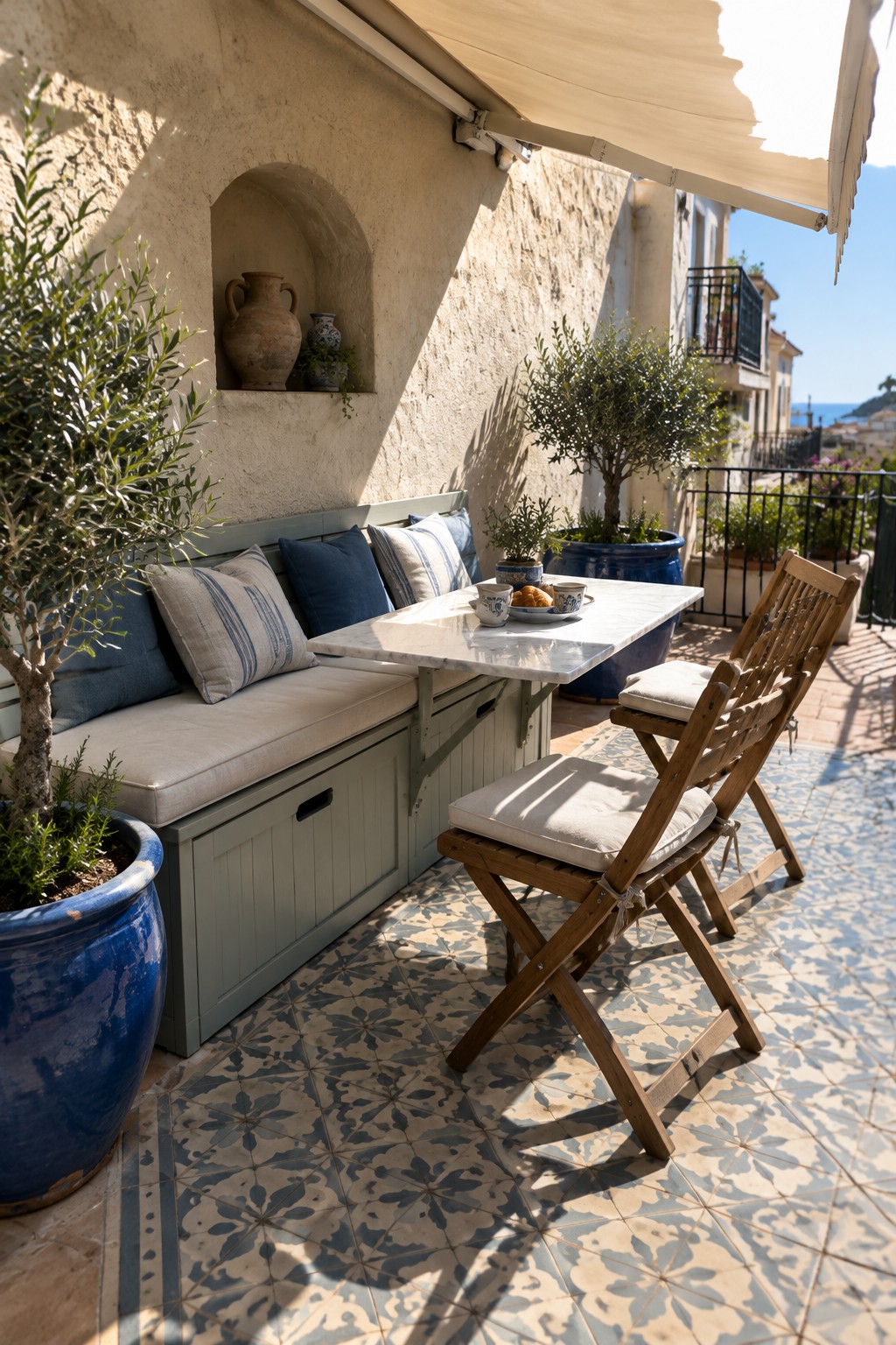 Sunlit Mediterranean patio with marble table, wooden chairs, potted olive trees, and built-in bench