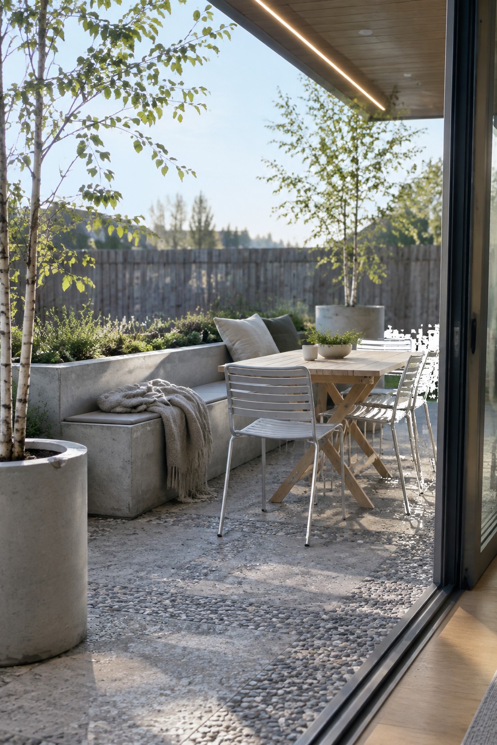 Modern patio with wooden dining table, metal chairs, and concrete bench on pebbles