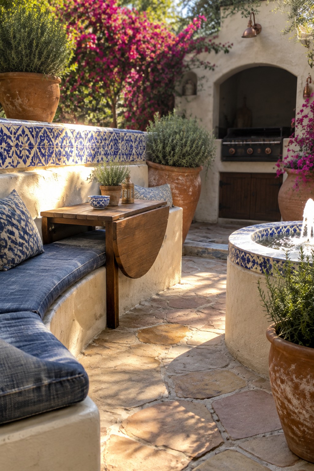 A curved built-in bench with blue cushions and a wooden drop-leaf table sits on a stone patio beside a tiled fountain and terracotta pots.