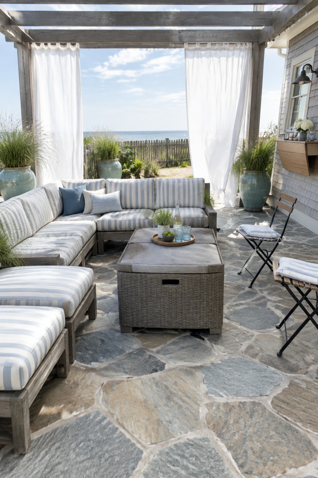 Coastal patio with blue-striped sectional sofa, wicker table, and ocean view.