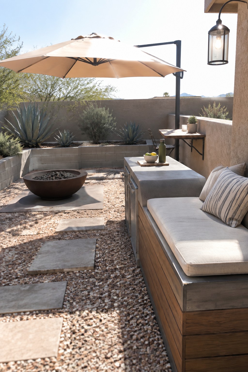 An outdoor patio with a long cushioned bench on a wooden base next to a concrete counter with cabinet doors, a cantilever umbrella overhead, and a fire bowl on gravel with pavers.