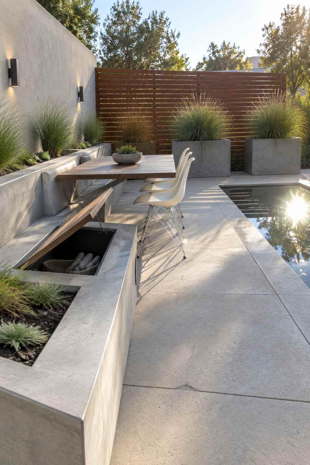 An outdoor patio features a long concrete bench with an open storage compartment containing a basket, a wooden table with white chairs, large planters, and a pool to the right.