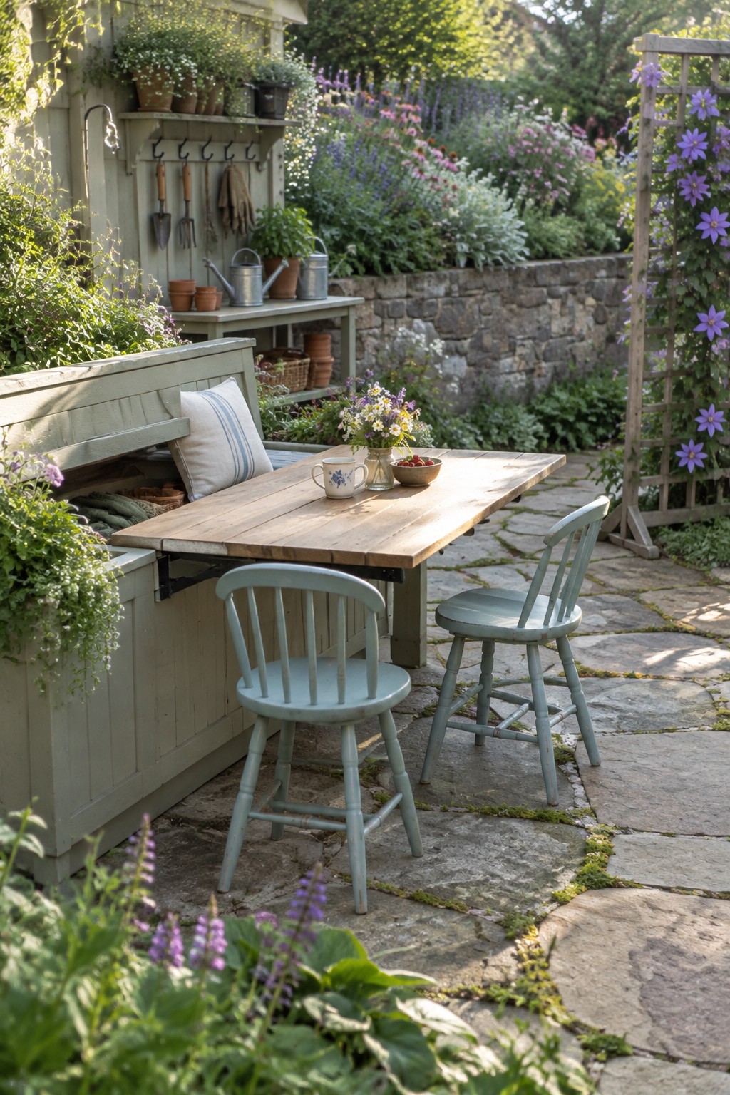 Light blue chairs at rustic table in flower-filled cottage garden patio