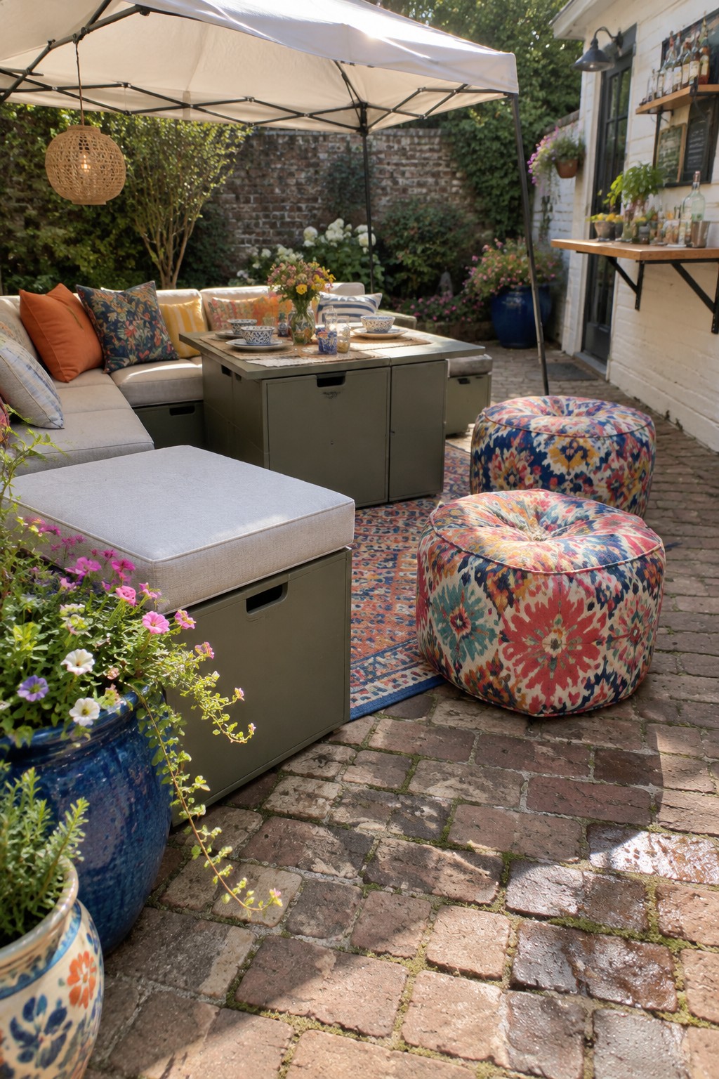 An outdoor patio on brick pavers features a large gray storage ottoman, two colorful patterned poufs, a central fire pit table, and a white canopy overhead.