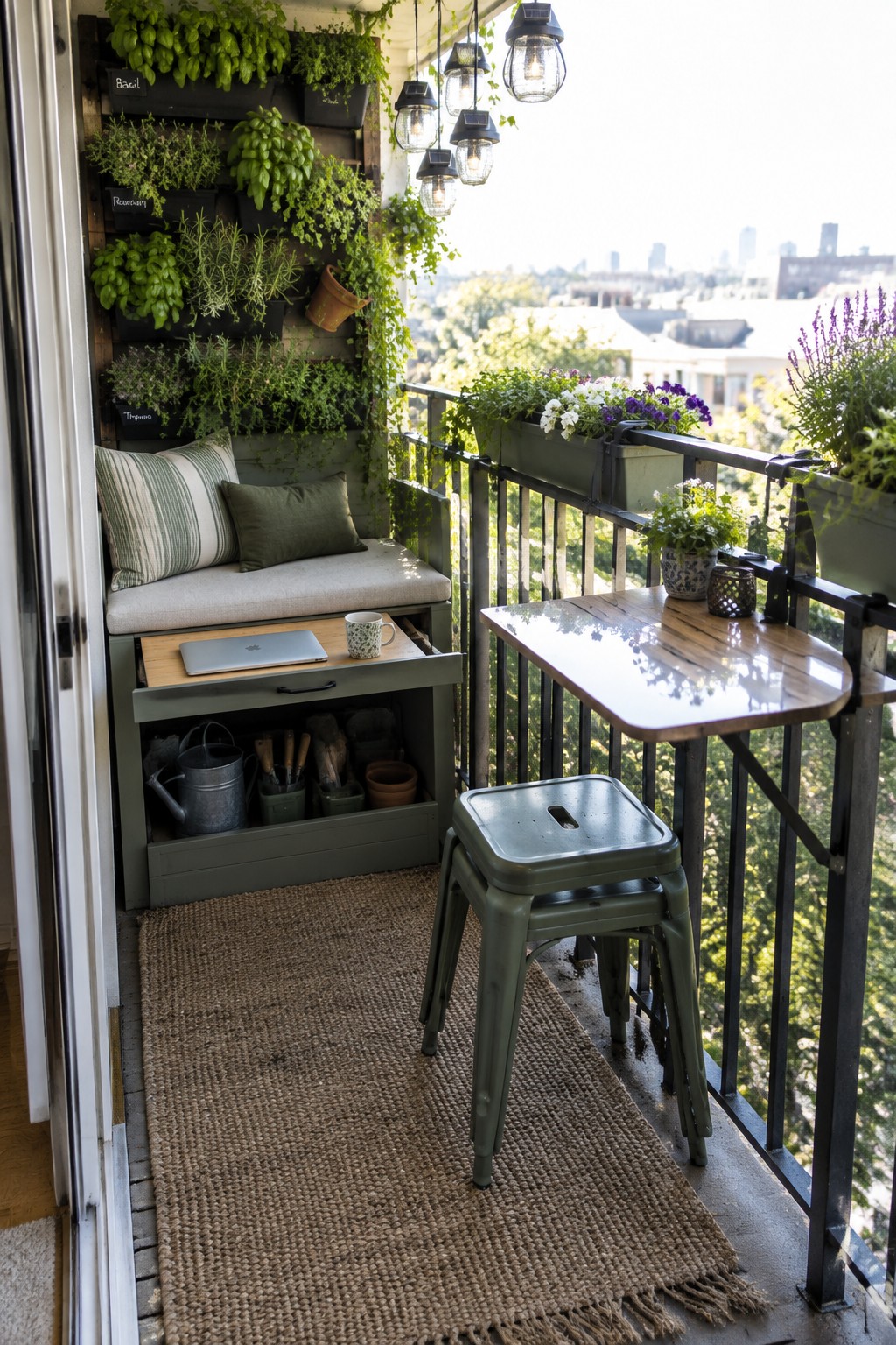 A compact balcony features a green wooden bench with storage drawers holding gardening tools and a laptop, stacked metal stools, a wooden table, and wall-mounted herb planters.