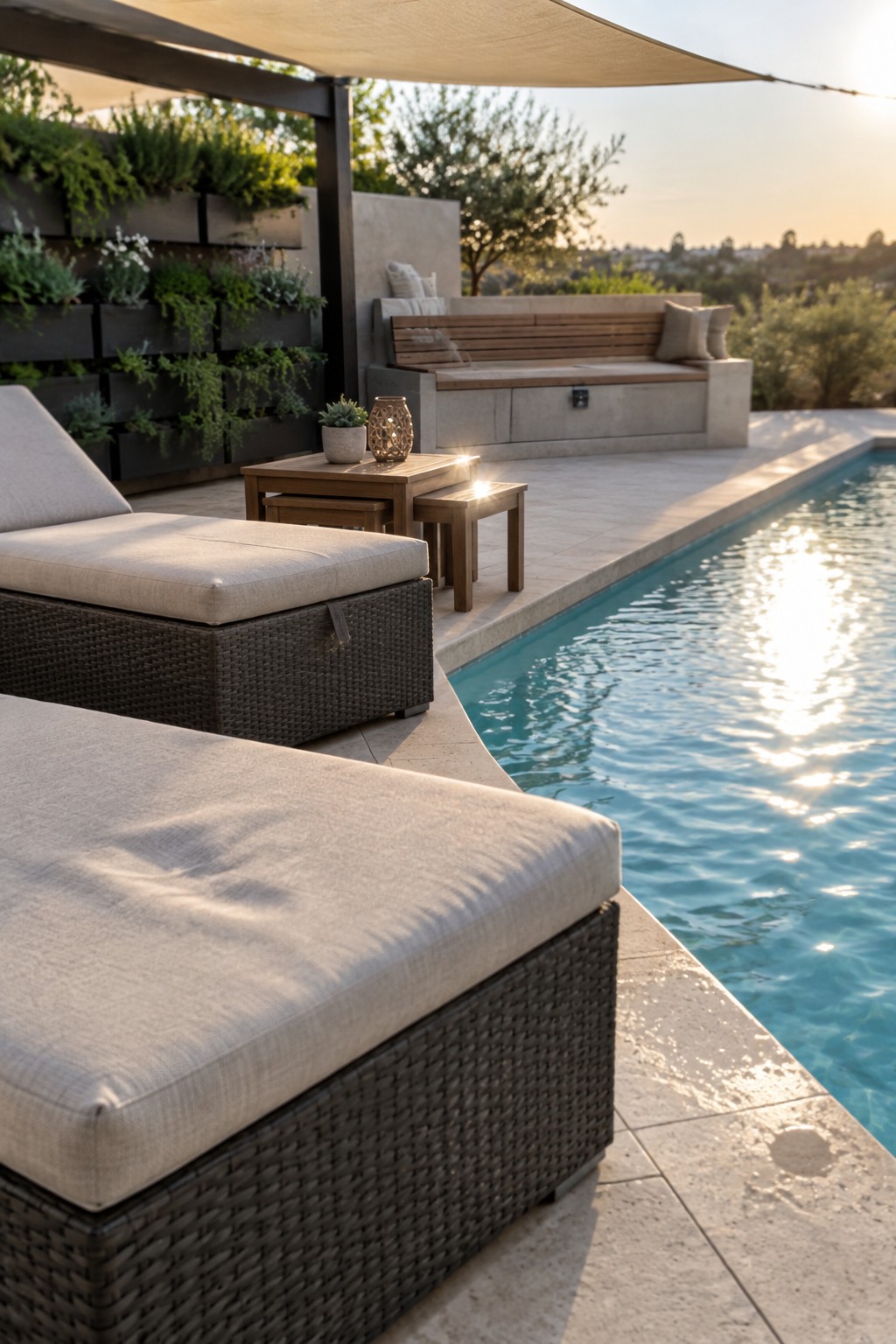 A modern poolside patio with dark woven lounge ottomans, light cushions, nesting side tables, a concrete built-in bench, and a swimming pool at sunset.