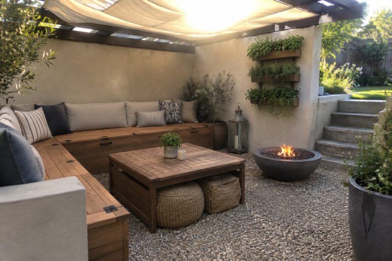 22 Smart Budget Patio Ideas Built Around Multipurpose Outdoor Furniture Modern outdoor patio with beige sectional sofa, wooden table, fire pit, and vertical garden