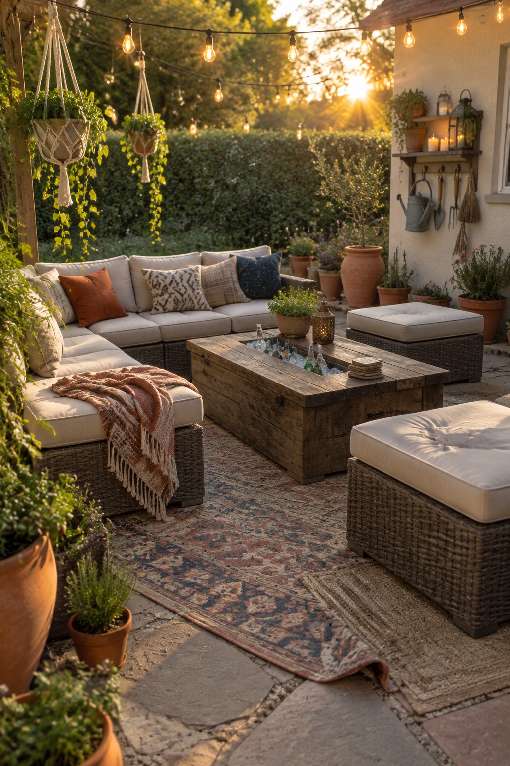 An outdoor patio with a wicker sectional sofa, wooden fire pit table holding ice and bottles, two matching ottomans, layered rugs on stone pavers, string lights, and many potted plants.