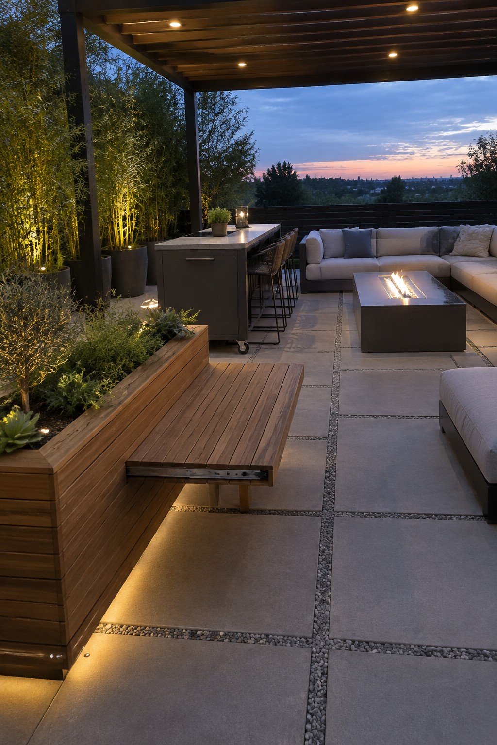 A modern outdoor patio at dusk featuring a large sectional sofa around a rectangular fire pit table, a bar island with stools, and a wooden bench extending from a planter box.