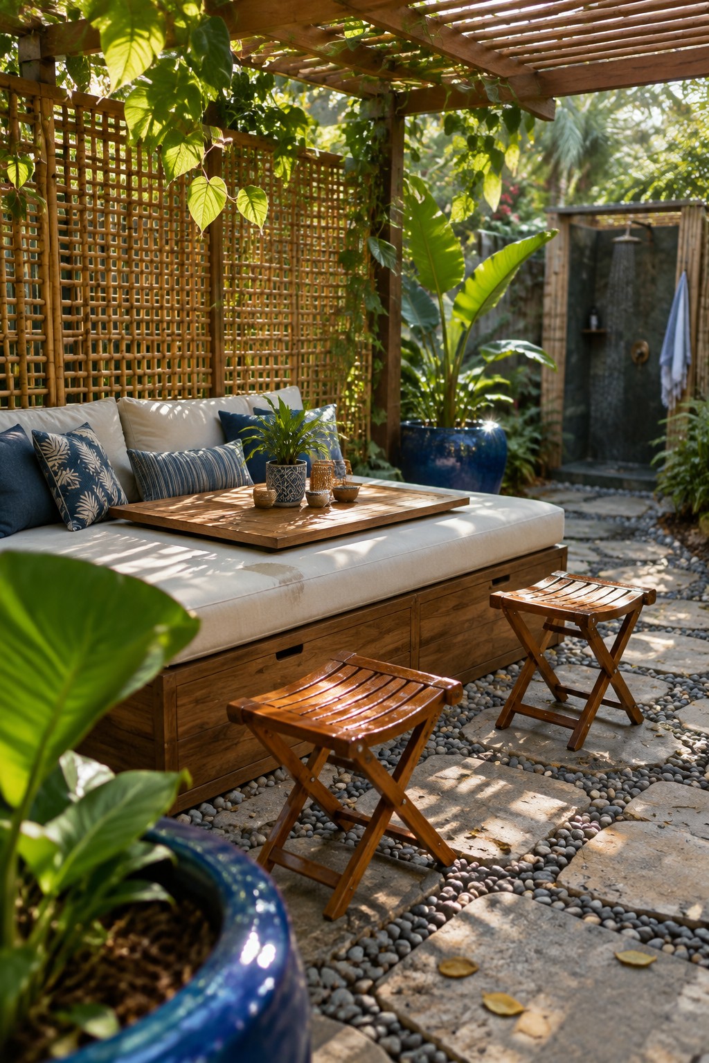 A wooden storage bench with white cushions holds a tray table on a stone patio beside two folding stools, with an outdoor shower in the background.