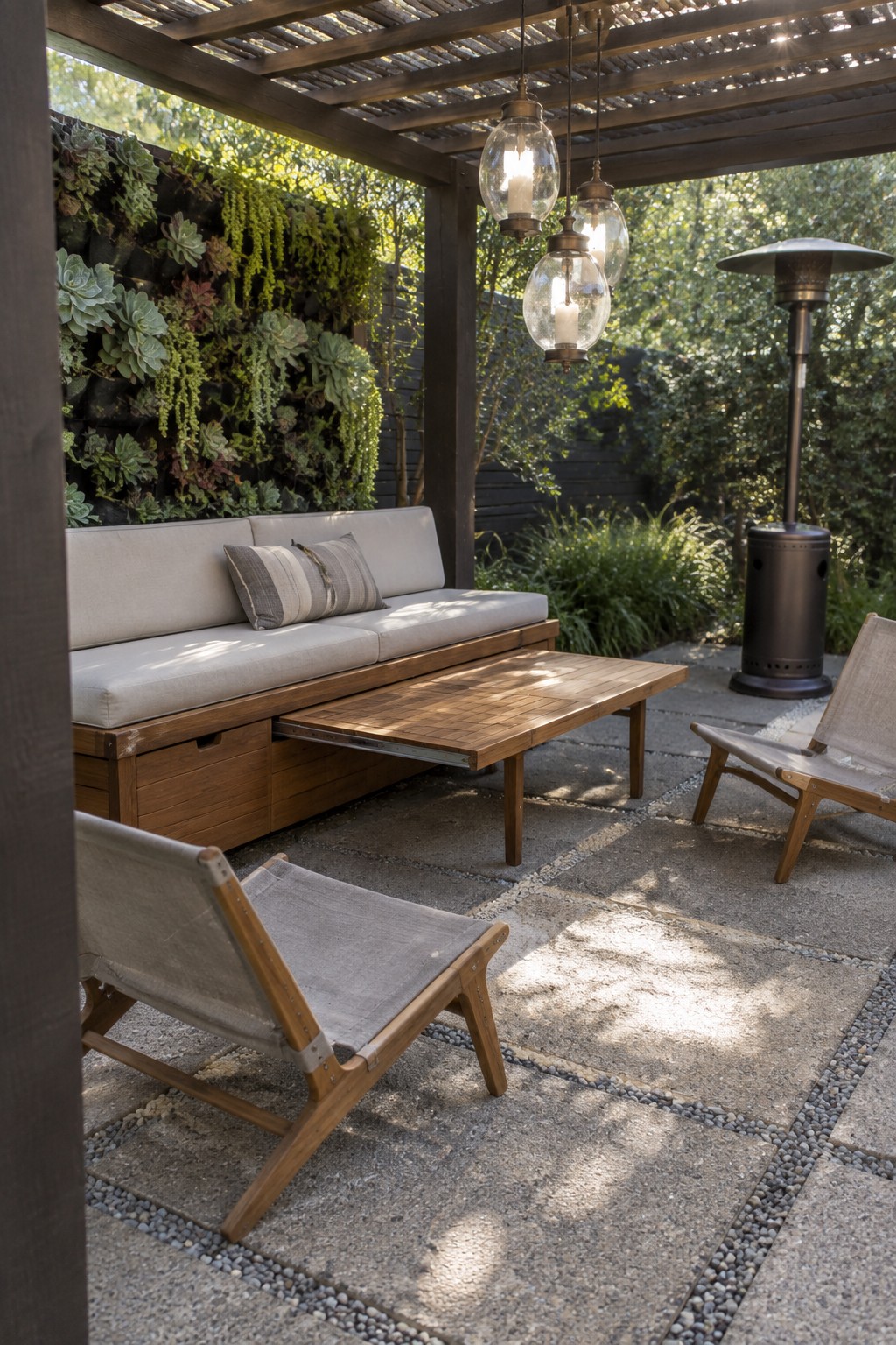 Outdoor wooden patio with sofa, extendable table, sling chairs, hanging lights, and living wall.