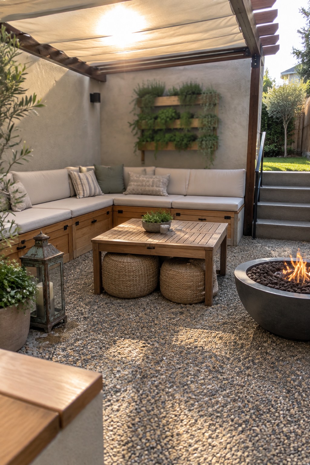 Modern outdoor patio with beige sectional sofa, wooden table, fire pit, and vertical garden